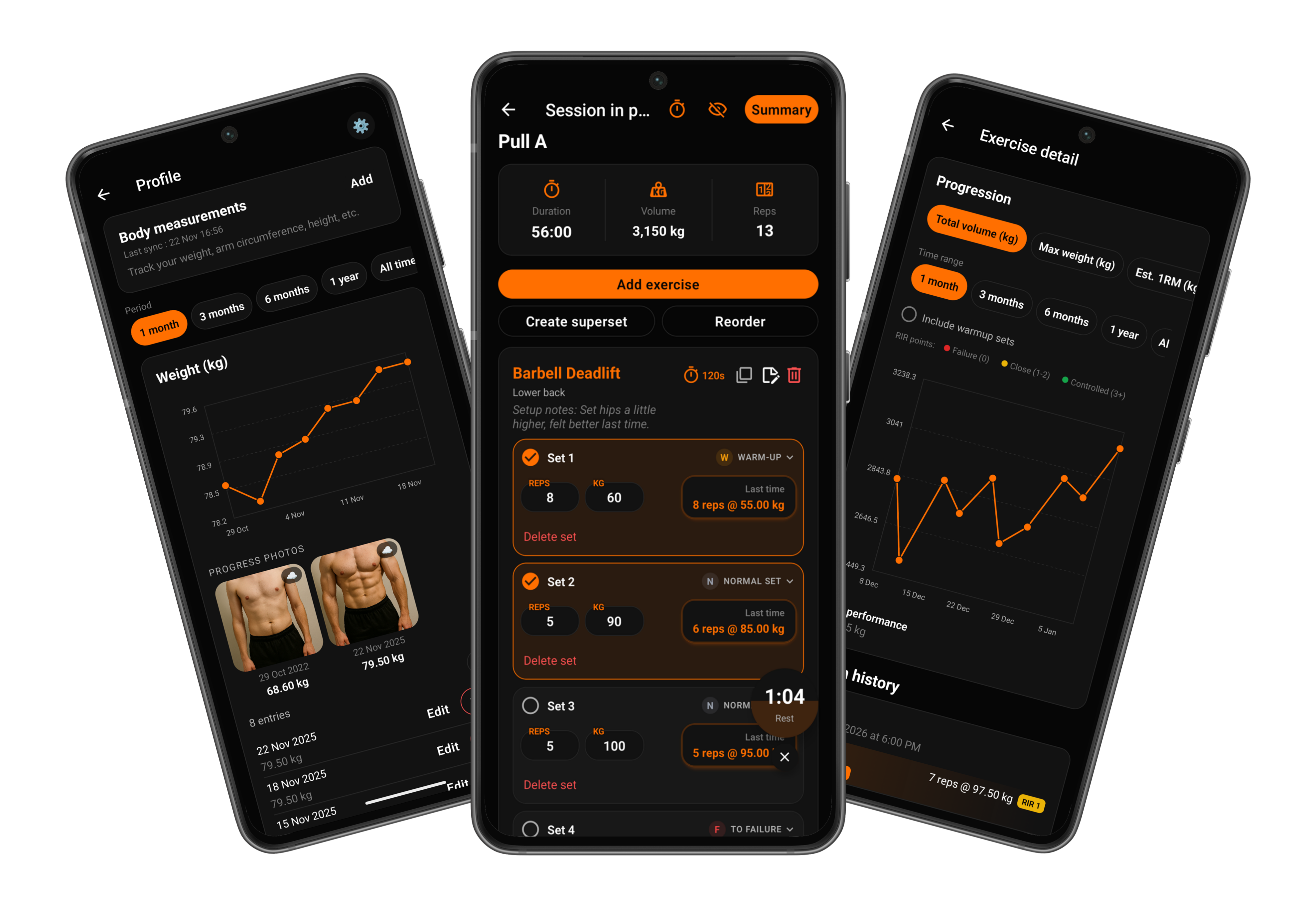 Revelto workout tracker app interface showing exercise logging and progress tracking