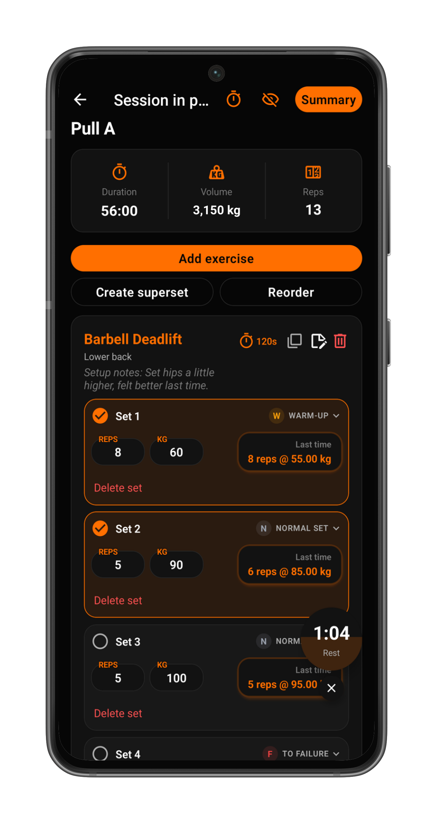 Revelto app workout logging screen with sets, reps, and weight tracking